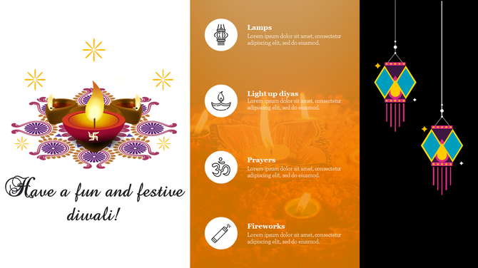 Diwali greeting card with an intricate rangoli pattern, four icons and text, and colorful hanging lanterns on the right.