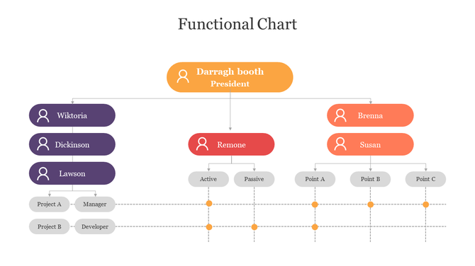 A PPT slide showcasing a colorful functional chart with roles for president, team members, and project responsibilities.
