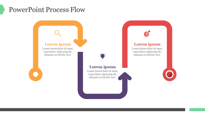 Curved arrow process flow with orange, purple, and red arrows, each containing icons and placeholder text in a layout.