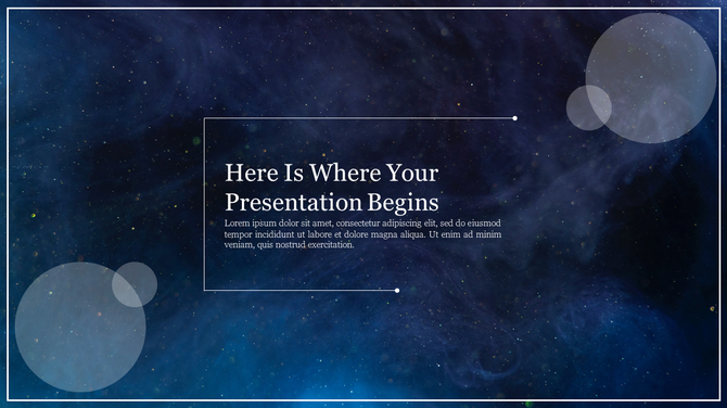 Abstract space-themed background with gradient colors and subtle circular overlays with placeholder text areas.