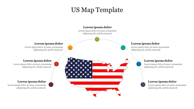 US map filled with the American flag, surrounded by seven colorful circles labeled with placeholder text in an arc layout.