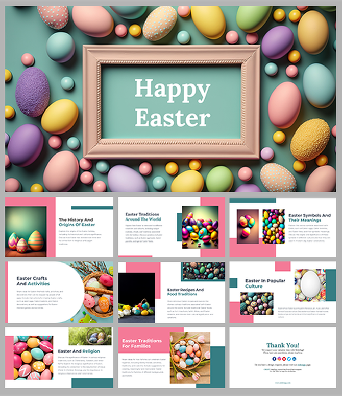 Easter themed Google slides with colorful egg designs and sections on Easter traditions, crafts, and religious significance.