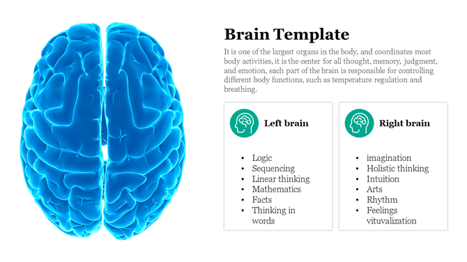 Brain diagram with blue highlights, showing the left and right sections, each with a list of corresponding traits.