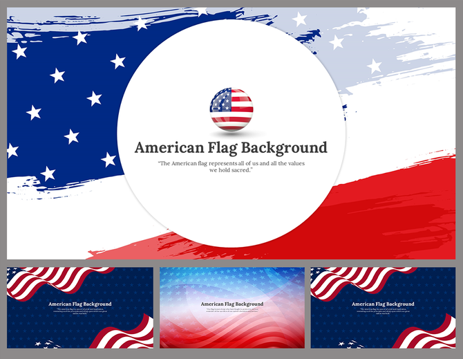 A collection of vibrant American flag background slides with the title text area.