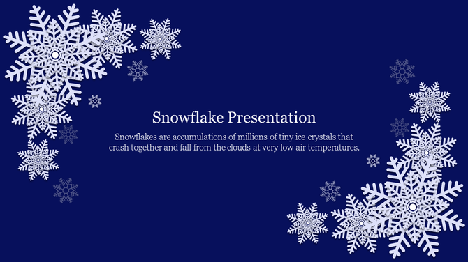 White snowflakes of various sizes arranged in the corners of a dark blue background, with centered text.