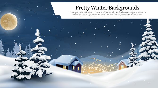 Snowy winter landscape with pine trees, two houses, and a glowing full moon under a starry sky with a caption areas.
