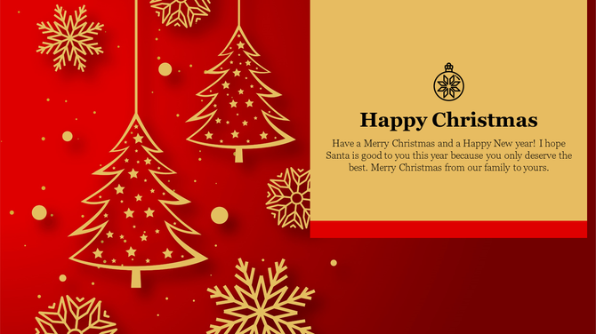 Christmas greeting slide with golden tree and snowflake illustration on a red background and festive message on a gold panel.