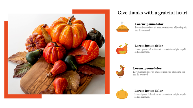 Thanksgiving slide with autumn pumpkins, gourds, and leaves on a wooden platter with icons for food like a pie and turkey.