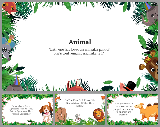 Jungle themed slide deck with illustrated animals peeking through green leaves, featuring quotes at the center.