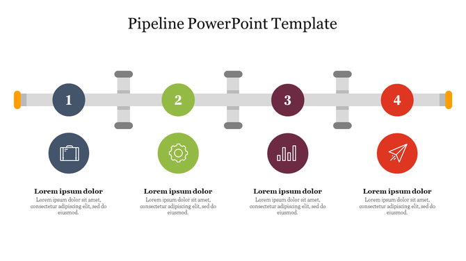 Pipeline themed slide showing four numbered stages, each with a corresponding icon and description below.
