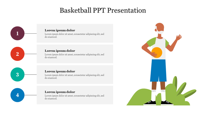 Basketball-themed slide with a numbered list and illustration of a player holding a ball with placeholder text areas.