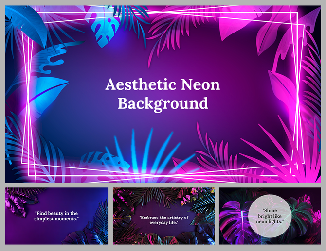 Striking neon slide deck with tropical plant visuals, featuring circular and rectangular frames for bold, motivational text.