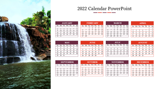 2022 PowerPoint calendar template with a scenic waterfall background, featuring all months and their respective dates.