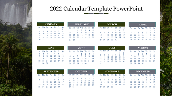 2022 calendar layout showing all months from January to December, with caption areas on the left and a waterfall background.