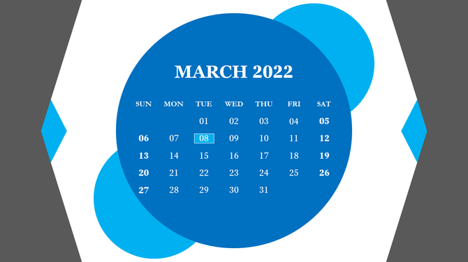 March 2022 calendar template with blue and white circular shapes, arranged in a clean grid format with a highlighted date.