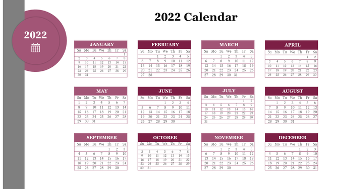 2022 calendar template featuring months in purple boxes with days of the week and circular icon for the year on the left.