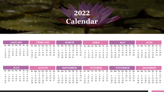 2022 calendar template with a purple lotus flower header and a structured month by month layout in shades of pink and white.