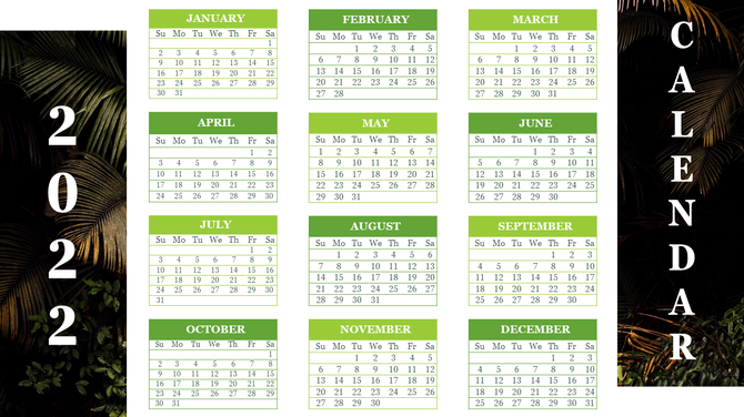 2022 calendar with month grids in green and a tropical background, each month having a numbered layout for days of the week.