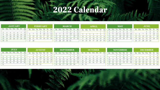 A 2022 calendar PPT template with a green foliage background, showing all months of the year.