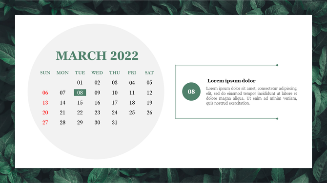 PowerPoint slide featuring a March 2022 calendar surrounded by green foliage background.