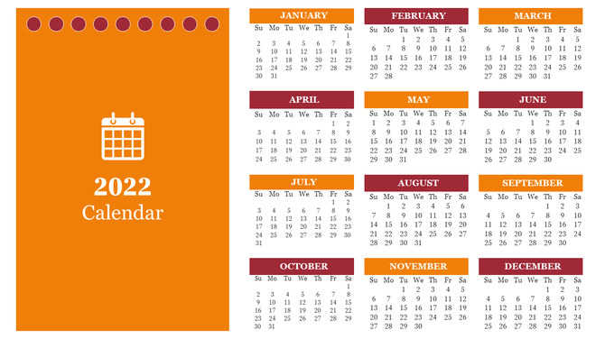 A 2022 calendar with monthly grids for each month, organized in red and orange headers with white background.