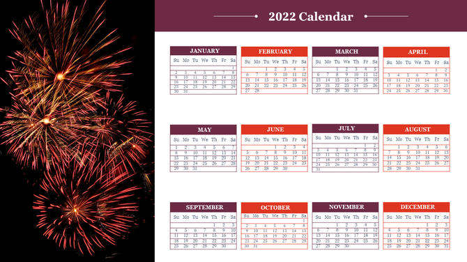 2022 calendar with monthly grids for each month, featuring purple and red headers, and a fireworks display on the left side.