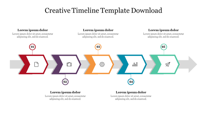 Creative timeline design featuring five arrows, each with a distinct color, number, and icon, along with descriptive text.