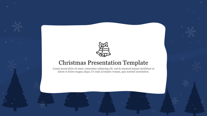 Holiday slide featuring a Christmas bell icon, snowflakes, and trees, with a white text box and a blue background.