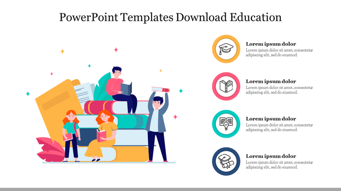 Educational slide with students reading on and around books, and color coded icons with placeholder text.