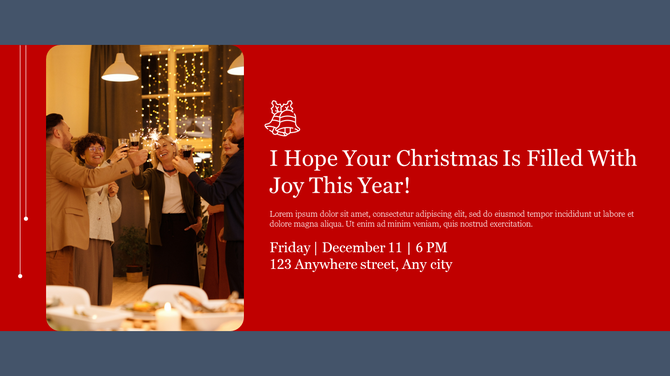 Christmas greeting slide with a red and blue color scheme, featuring a group of people celebrating with drinks and sparklers.