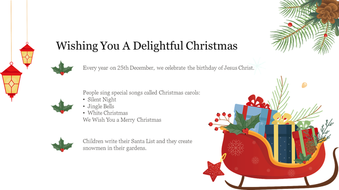 Christmas slide with a red sleigh full of gifts, surrounded by holly leaves and lanterns, with a festive message on the left.
