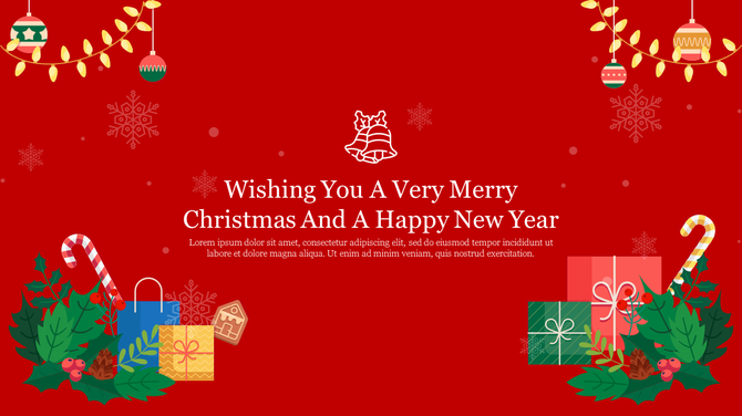Christmas PowerPoint slide with a festive red background, gifts, candy canes, and a holiday greeting.
