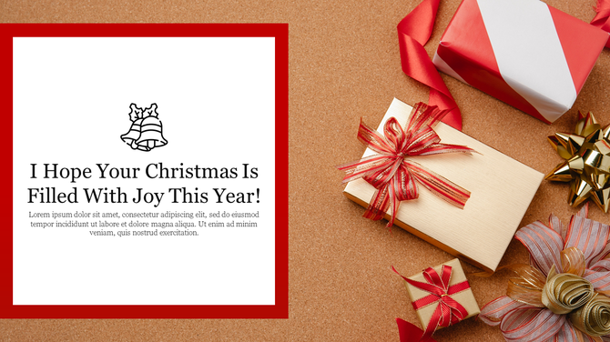 Christmas greeting slide featuring wrapped gifts with red and gold ribbons, and a bell icon, framed by a red border.