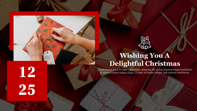 Christmas greeting slide featuring a person wrapping a gift, with bold red numbers and a variety of presents in the backdrop.