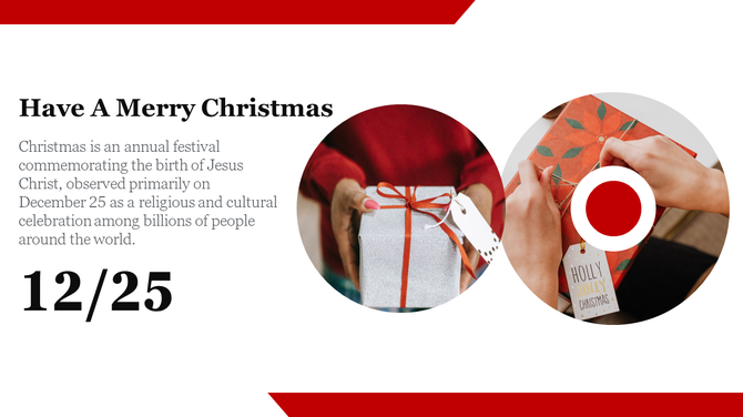Christmas themed slide featuring a gift being wrapped and a festive holiday message.