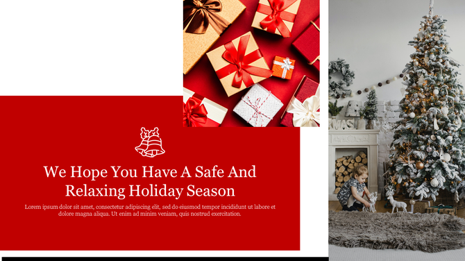Christmas PowerPoint slide with wrapped presents, a festive tree, and a warm holiday greeting on a red theme.