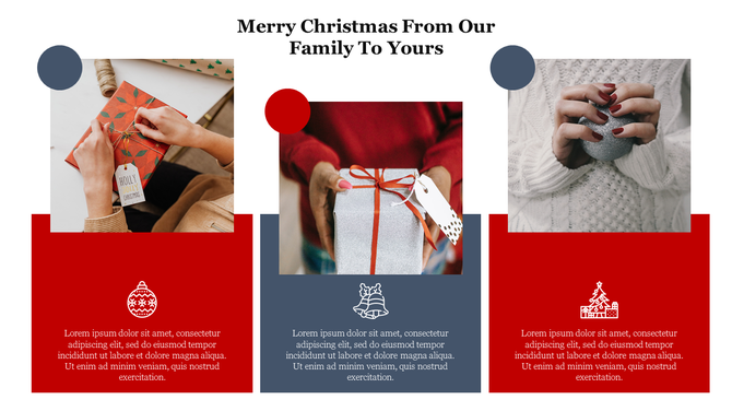 Christmas themed PowerPoint slide with wrapped gifts, a holiday message, and red and blue color blocks.