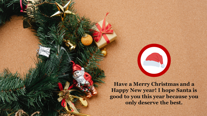 Christmas design featuring a pine wreath, Santa figure, and gifts on the left, with a message wishing joy and blessings.