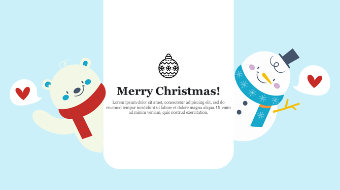 Animated Christmas PowerPoint slide with a polar bear and snowman, each holding a heart, with a message on a blue theme.