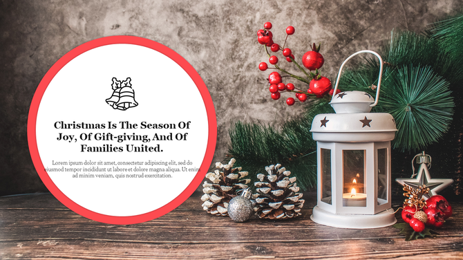 Cozy Christmas layout with rustic wooden surface, holiday decorations, and a panel with bell icon and festive greeting.