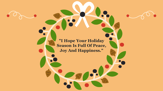 Festive wreath made of leaves and berries, with a white ribbon and a holiday greeting in the center, on biege backdrop.