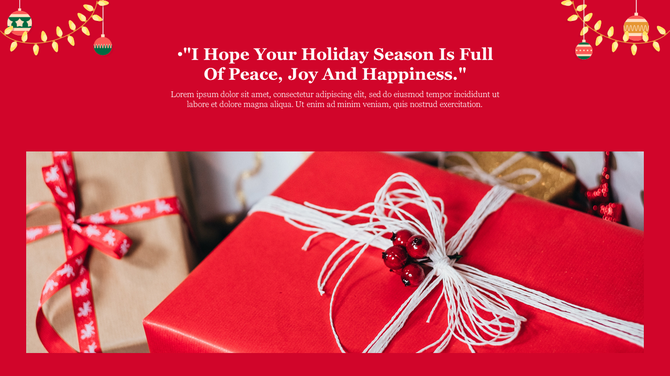 Holiday greeting layout with string lights and ornament, and a photo of colorfully wrapped presents below a cheerful message.