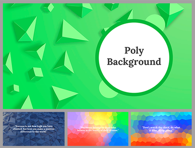 Polygon-themed background slide deck featuring green, blue, and rainbow color schemes each with a quote.