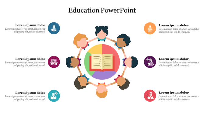 Education themed infographic showing students sitting in a circle around an open book, with six text and icon sections.