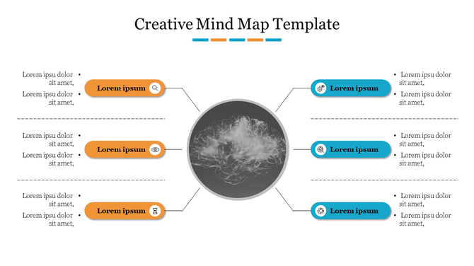 Creative mind map template with a central brain image, surrounded by colorful icons and text placeholders for ideas.
