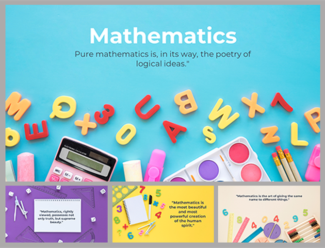 Colorful PowerPoint background slides with mathematical symbols, tools, and a quote about mathematics.