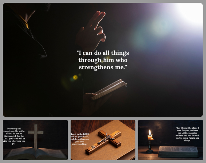 Bible themed slide deck featuring an illuminated hand holding a book and various religious symbols and crosses.