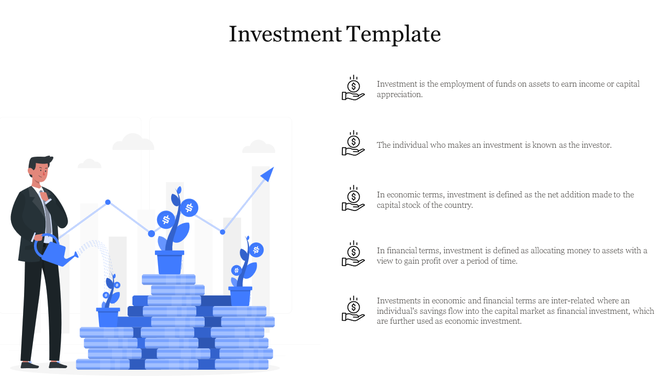 Illustration of a man watering plants on a pile of coins in blue accents, with a list of investment text on the right.