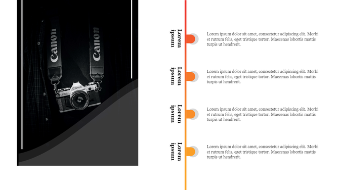 Photography themed slide featuring a vintage Canon camera on one side and three horizontal text blocks. 