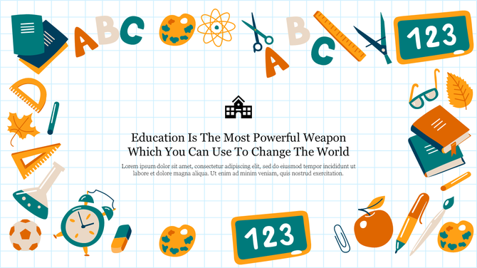 Educational border with various school related icons surrounding a text box on a grid background.